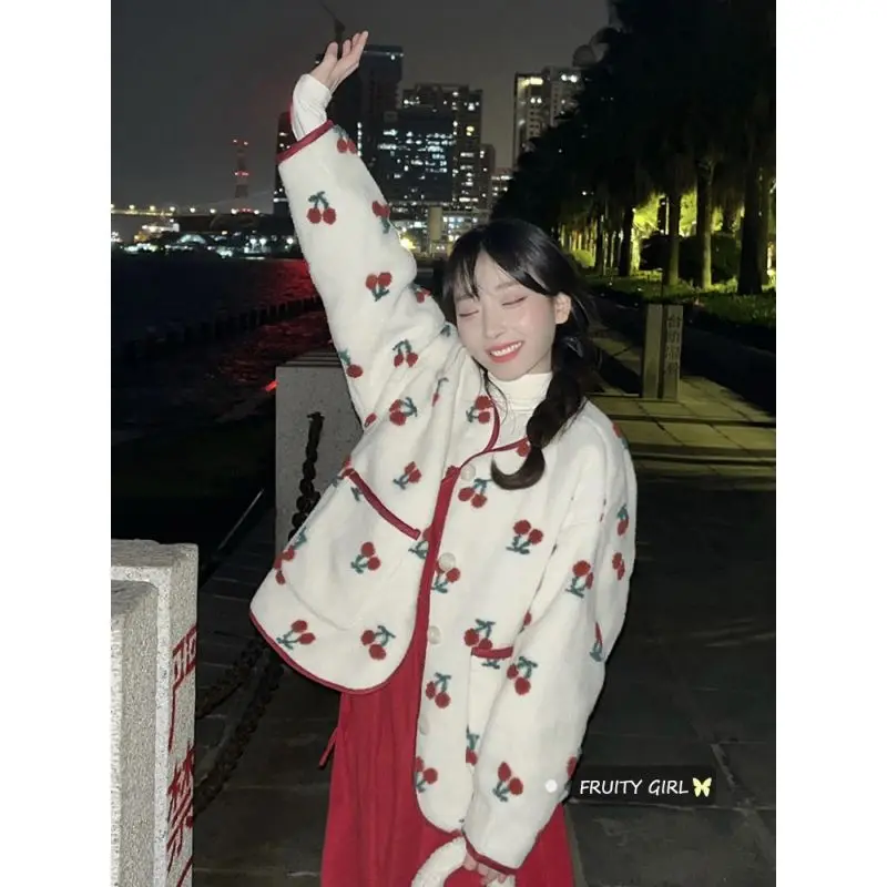 

Sweet Jackets Women Streetwear Lambswool Cherry Print Oversized Outwear Y2k Clothes Fashion Casual Thicked Coat 2023 Ropa Mujer