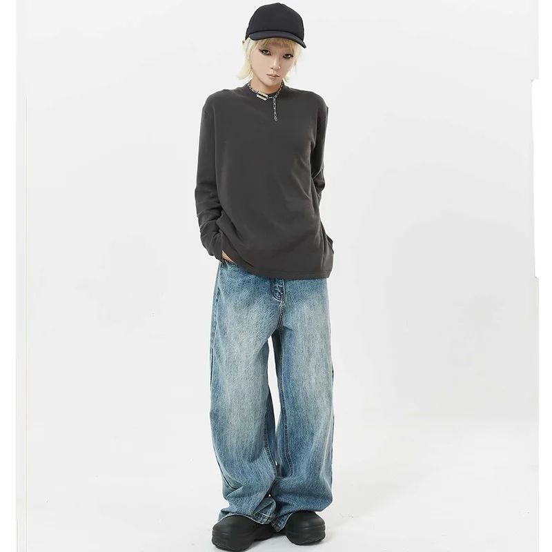 

Ретро-джинсы в американском стиле, светло-голубые, унисекс, повседневные, прямые, свободные, широкие штанины, длинные брюки, весна-осень, со средней посадкой