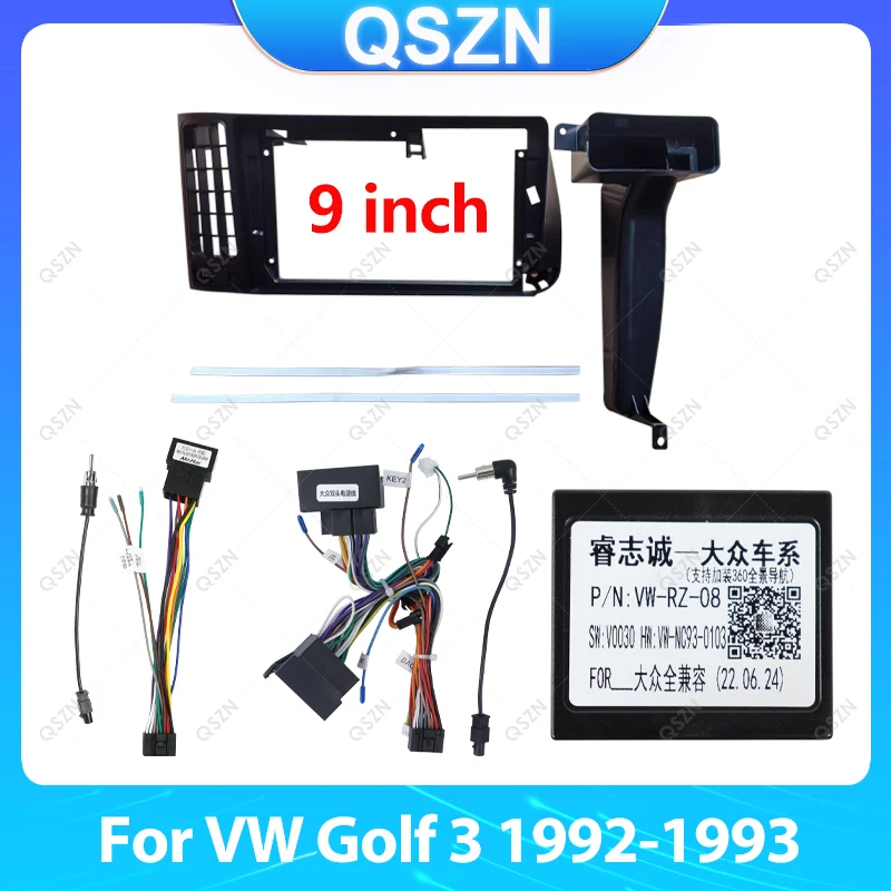 For VW Golf 3 1992-1993 9inch LHD Matt black Car Android Radio Frame 2 DIN Fascia Stereo Panel 16PIN Harness Wire Canbus Decoder