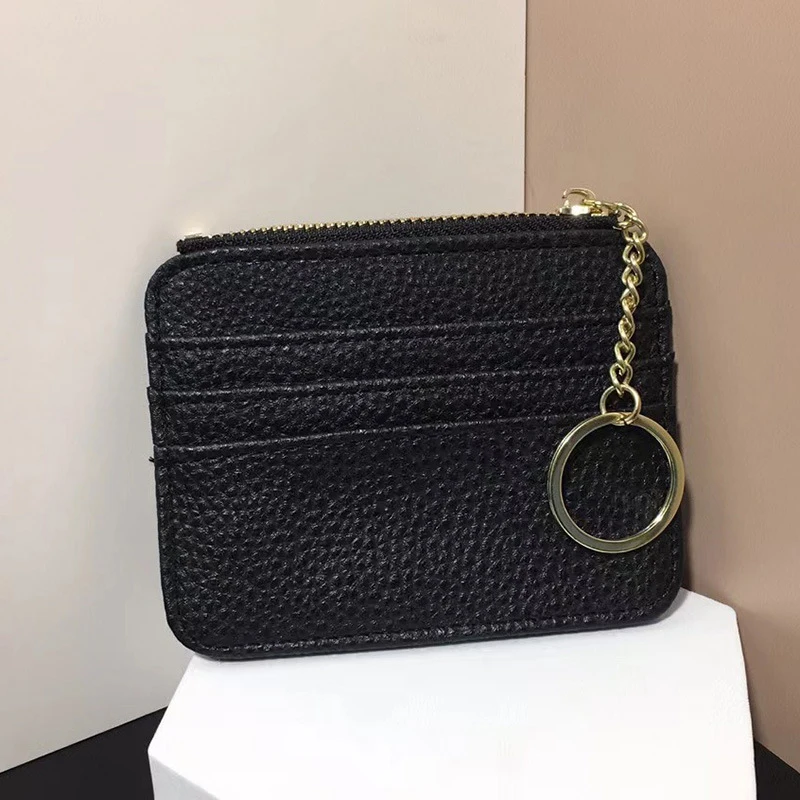 7 Slots Cards Ultra-thin PU Leather Credential Card Holder Pendant Keychain Zipper Card Bag Coin Wallet Solid Color Change Purse