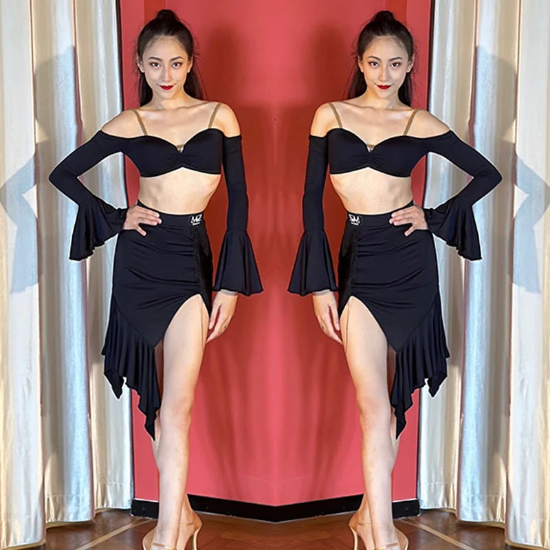 Sexy Latin Dance Costume Off-Shoulder Tops Irregular Skirt Women Competition Outfit Black ChaCha Modern Performance Suit DL10948