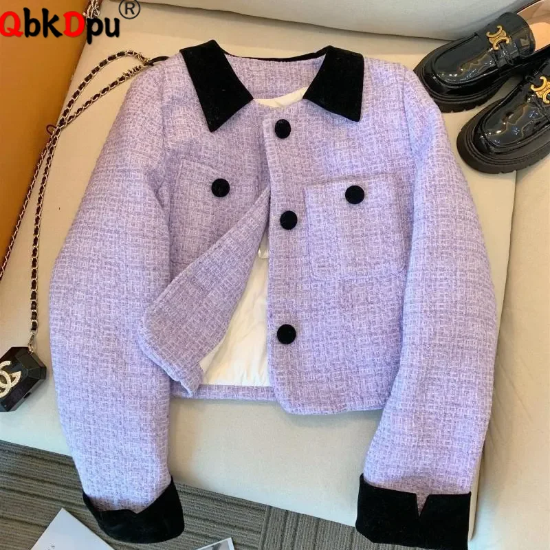 Elegant Lapel Design Tweed Jackets Women Casual Single Breasted Vintage Cropped Coats Tops Korean Fashion Long Sleeve Abrigos