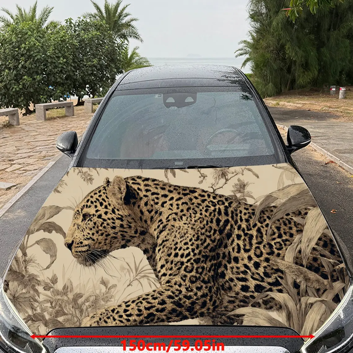 Car Decal Leopard in Monochromatic Botanical Background & Artistic, Timeless-Natural Visual Details Car Hood Sticker, Waterproof