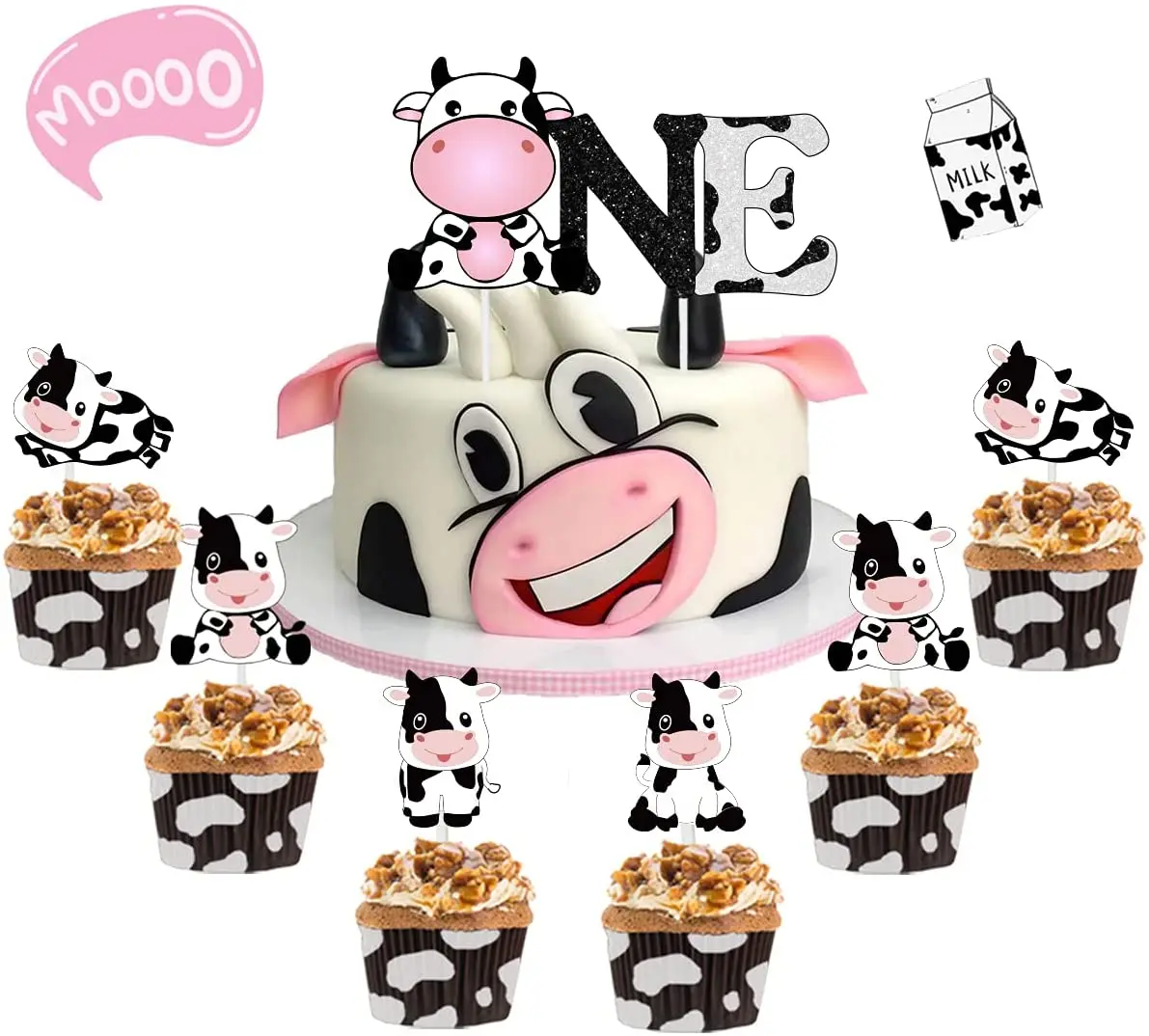 Funmemoir Pink Cow Cake Topper Set for Girl 1st Birthday Party Cake Decorations One Moo Cupcake Topper Cow Themed First Birthday