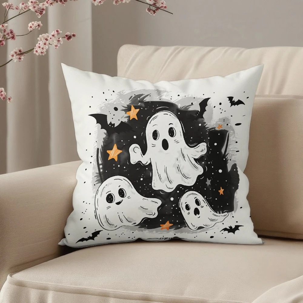 Square Throw Pillow Case White Cute Ghosts Stars Bats Halloween Print For Sofa Bedroom Living Room Home Decor
