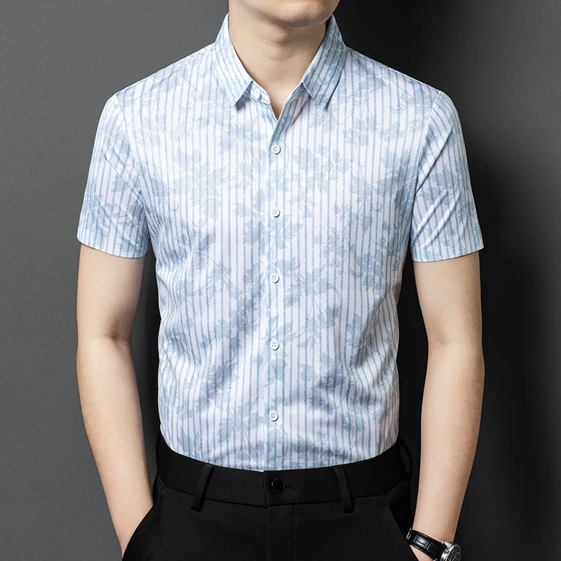 

Striped Print High-End Shirts For Men Short Sleeved Anti-Wrinkle Summer Top Quality Silky Breathable All Match Camisas De Hombre