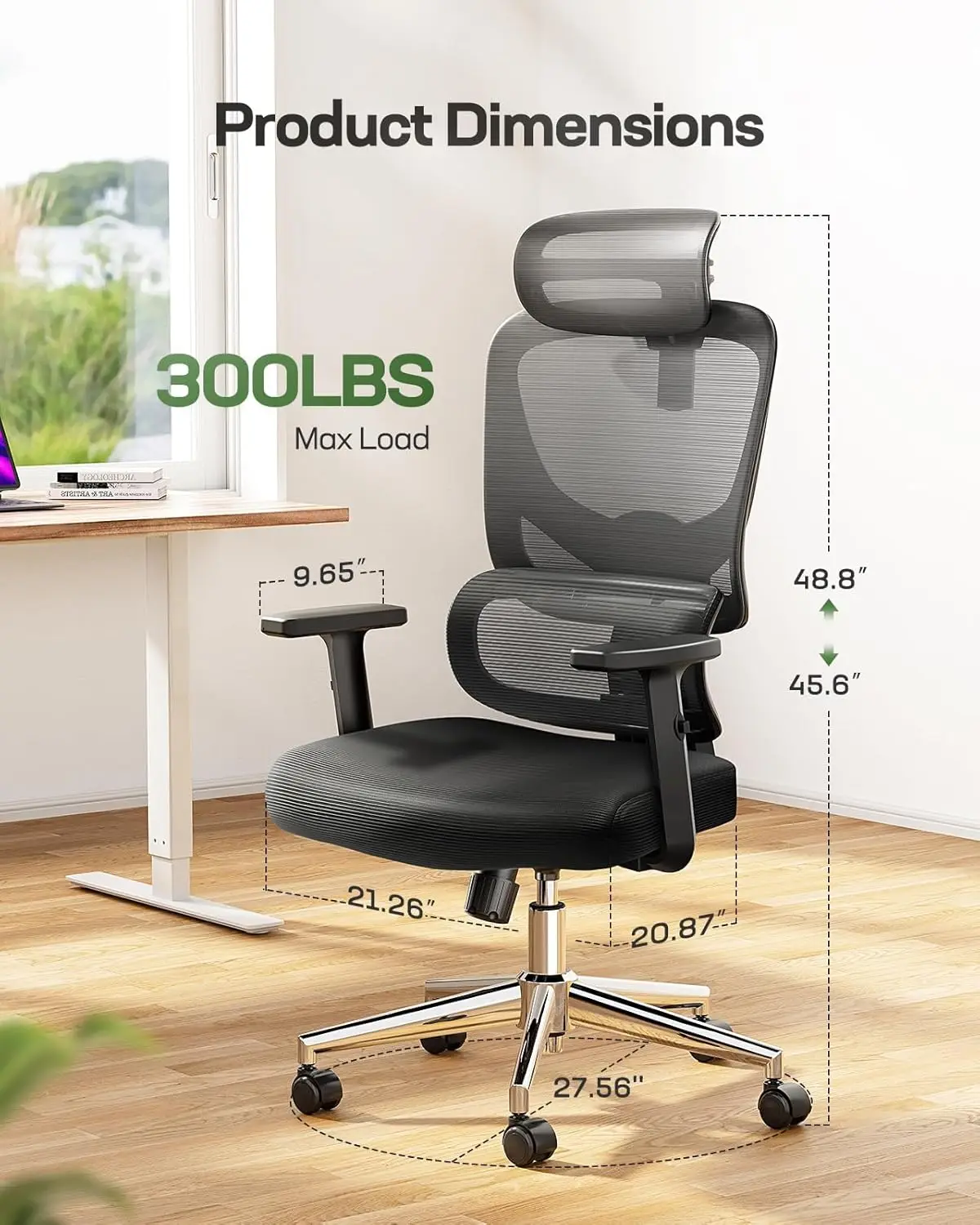 Stylish Black Ergonomic Mesh Office Chair with Lumbar Support & Headrest Adjustable 2D Headrest Home Office Gaming