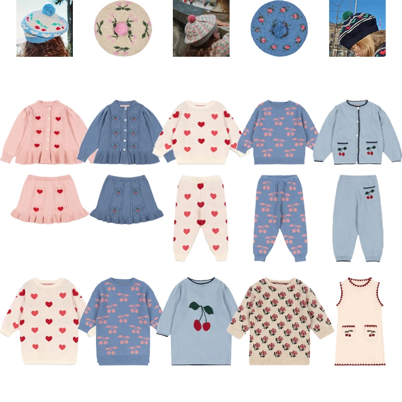 

2025 New Autumn Winter Girls' Knitted Hat Girl Embroidery Fashion Set Kids Warm and Cute Clothing Set