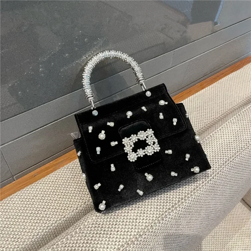 Luxury Evening Bags for Women Retro Pearl Shining Rhinestone Saddle Velvet Handbags Elegant Crossbody Bag with Metal Top-handle