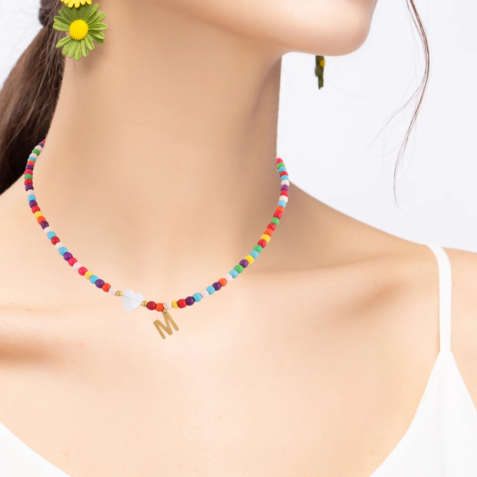 

Colorful Turquoise Alphabet Clavicle Choker Necklace for Women Unique Letter M Dainty Trendy Initial Chain Pendant Stylish