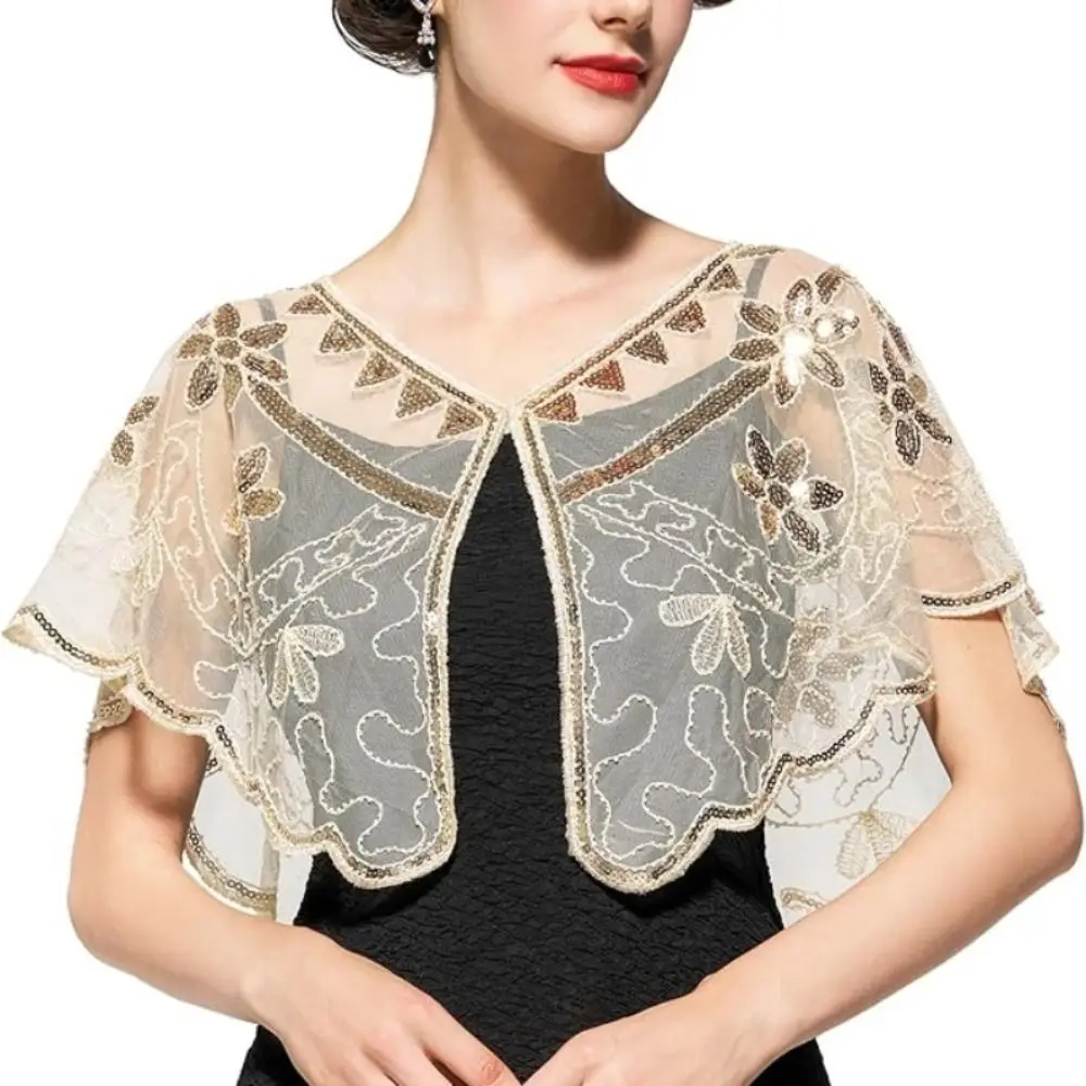 

Retro Sequins Poncho Coat Bling Bling Embroidery Sequins Tassel Shawls Short Cape 1920s Theme Evening Wrap Clothes Decoration