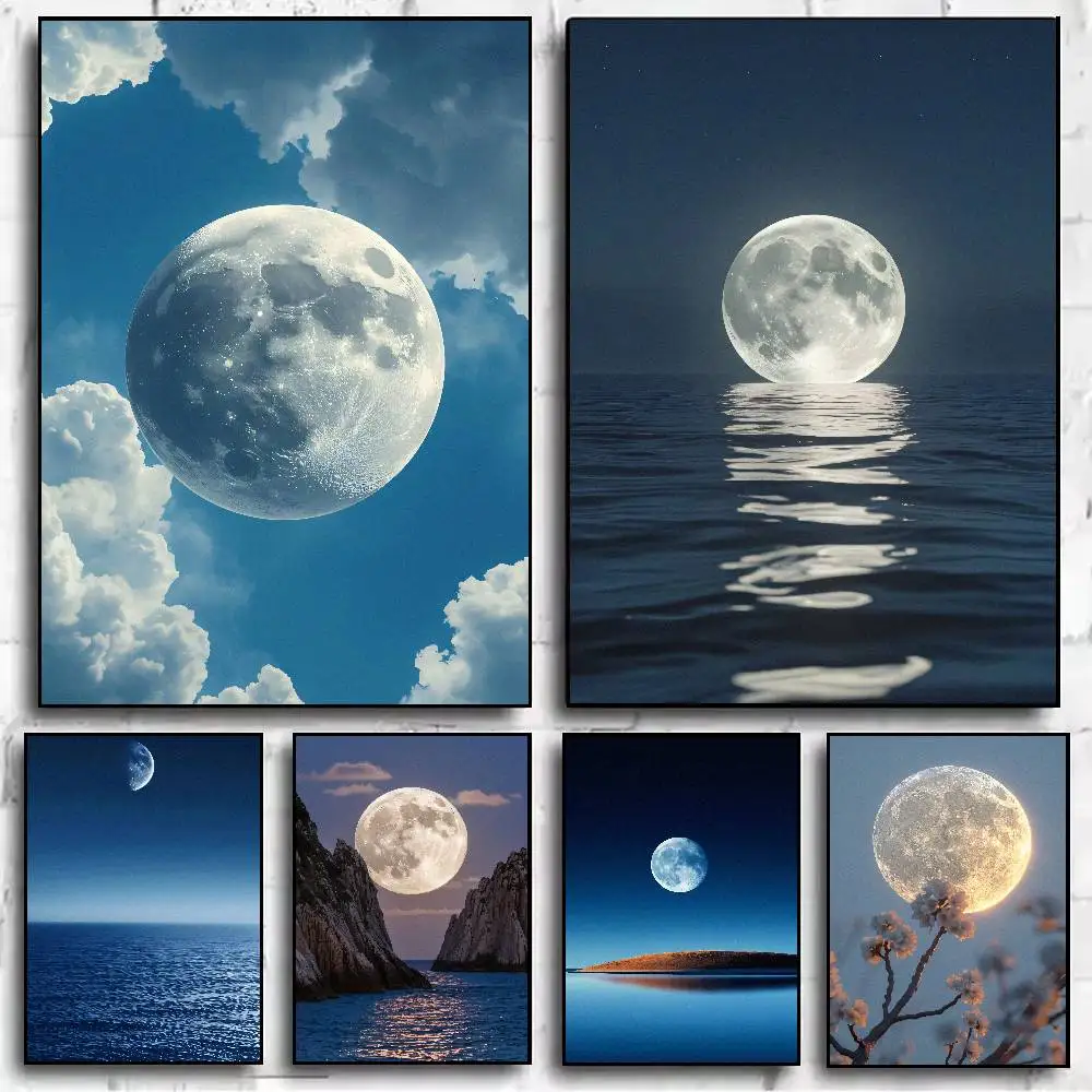 Ocean Full Moon Night View Poster, Sea Water Moon Reflection Landscape Wall Art, Cloudy Sky Seascape Print Home Wall Decoration