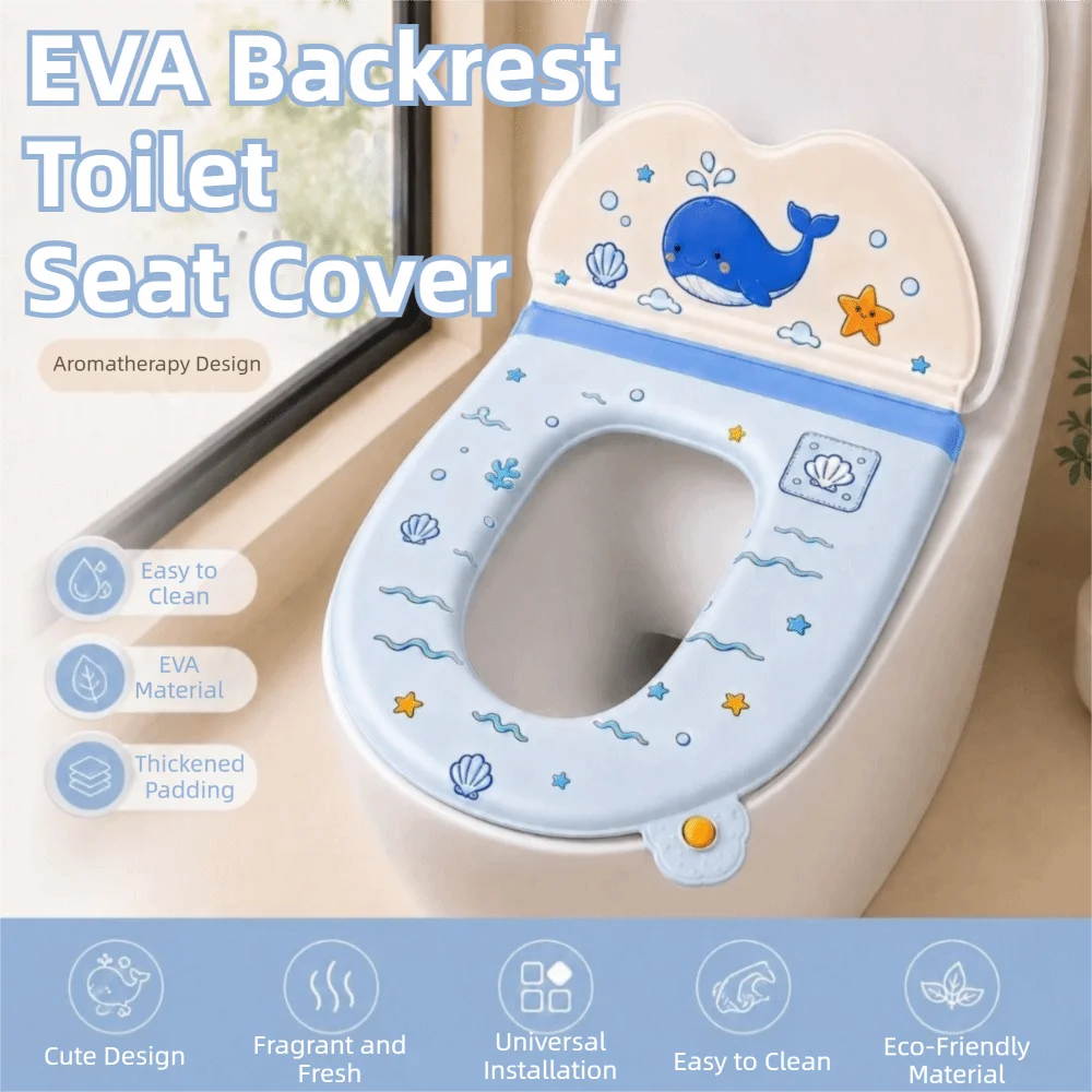 Universal Fit Cartoon Toilet Seat Protector with backrest Waterproof Toilet Seat Mat Non-Slip Self-adhesive Toilet Pad Home