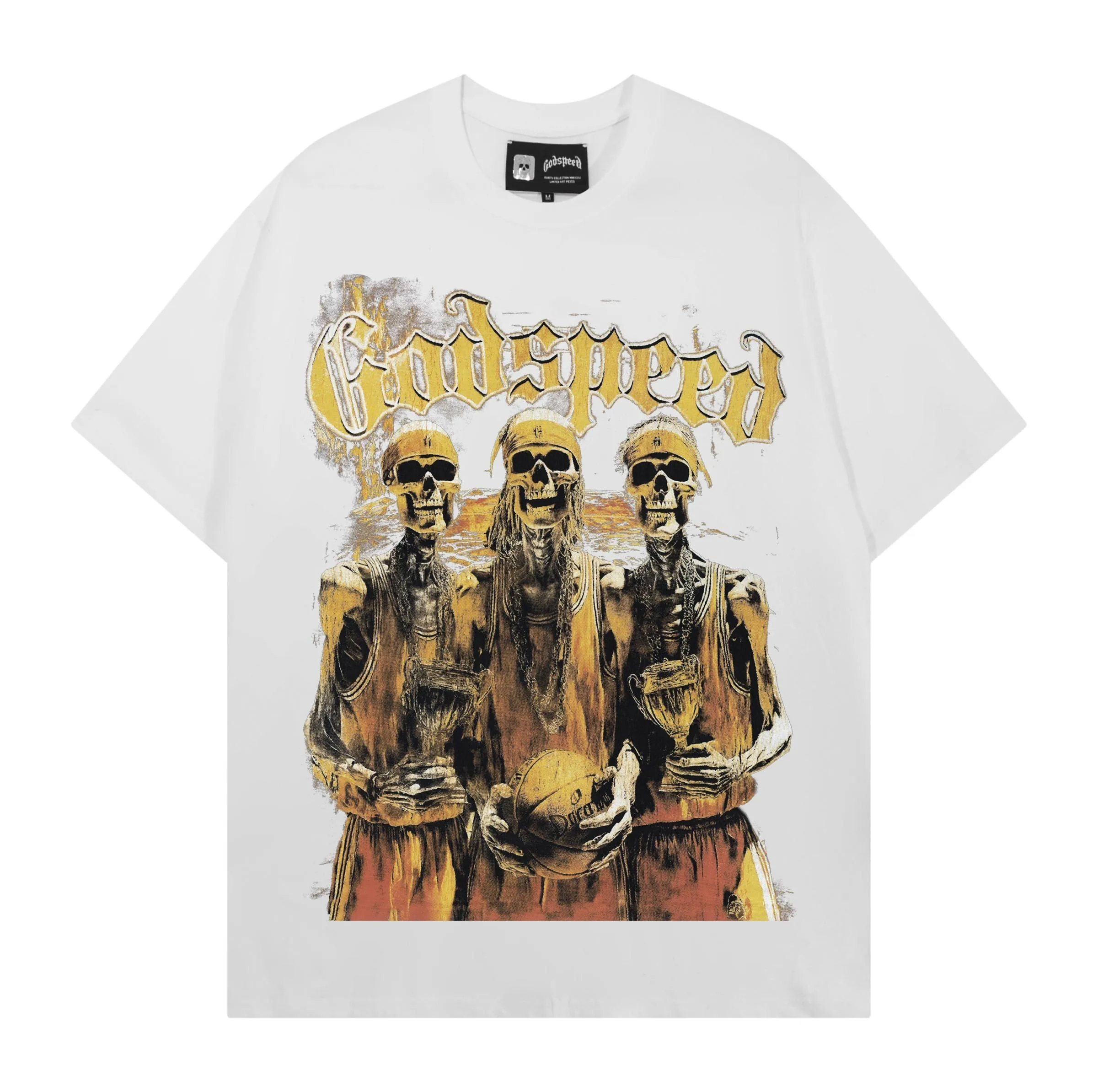 Godspeed Retro Skeleton Print Heavyweight Pure Cotton Loose Summer Short Sleeve T-Shirt Street Style Citywalk Casual Unisex Top