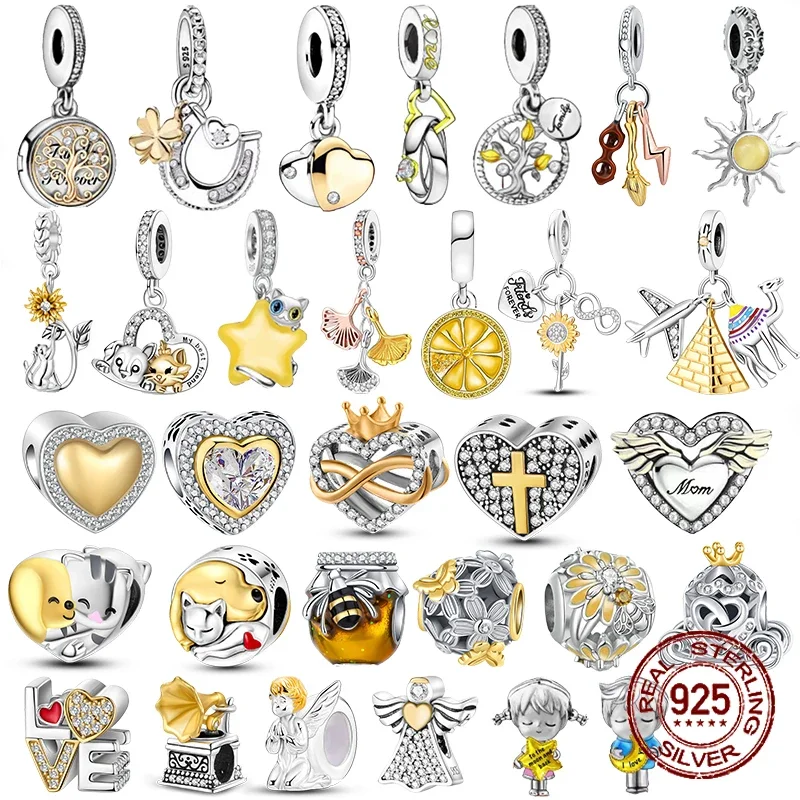 

925 Sterling Silver Golden Charm Crown Family Tree Safety Chain Hollow Beads Fit Original Pandora Bracelets Women Jewelry DIY