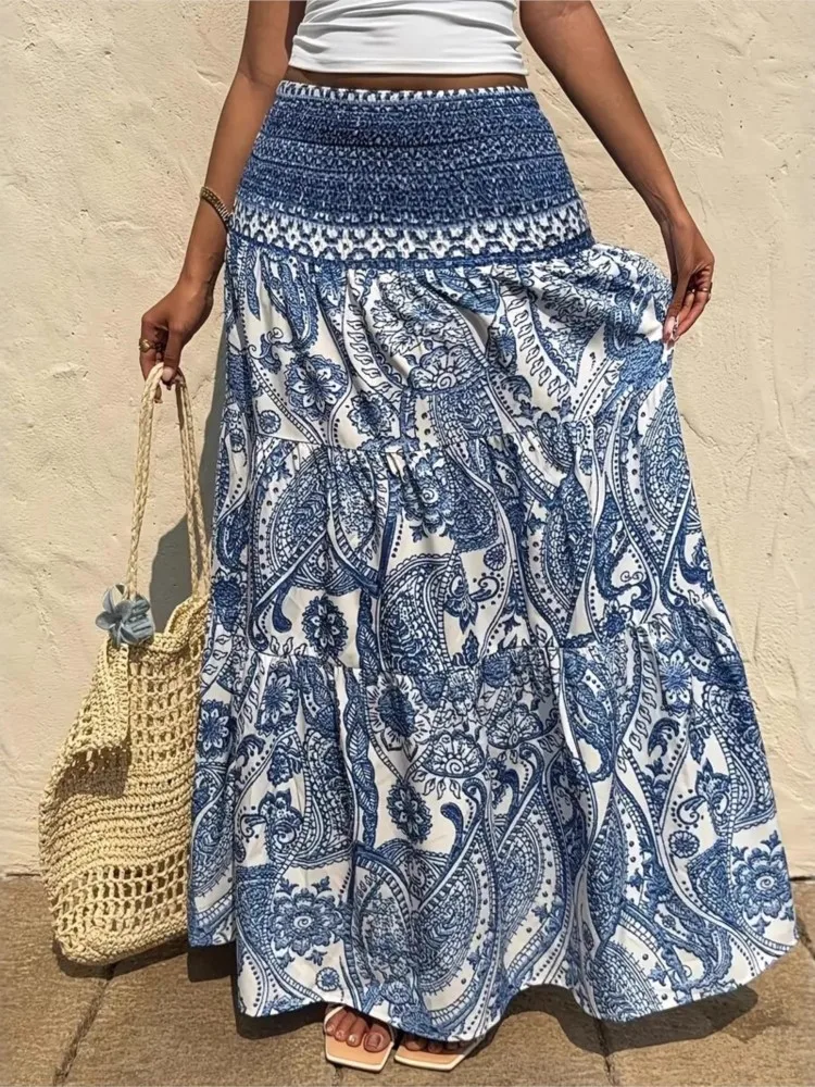 Holiday Print Skirt For Women Fashion Loose Long Skirts Female Casual Boho Beach Streetwear Y2k Women's Clothing Summer New 2026
