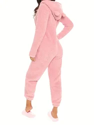 Women's Plush Fleece Pajama Jumpsuit - Hooded, Zip-Up, Easy-Care, Solid Color, Casual Lounge Onesie for Fall/Winter