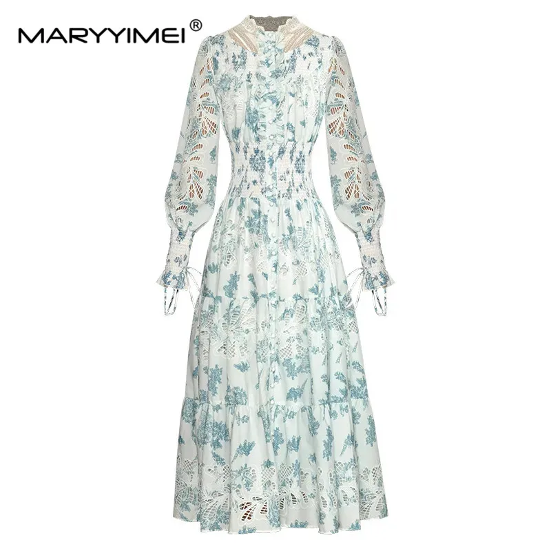 

MARYYIMEI Fashion Runway Spring Women's Dress Lantern Long Sleeve Single Breasted Elastic Waist Hollow Out Printing Dresses