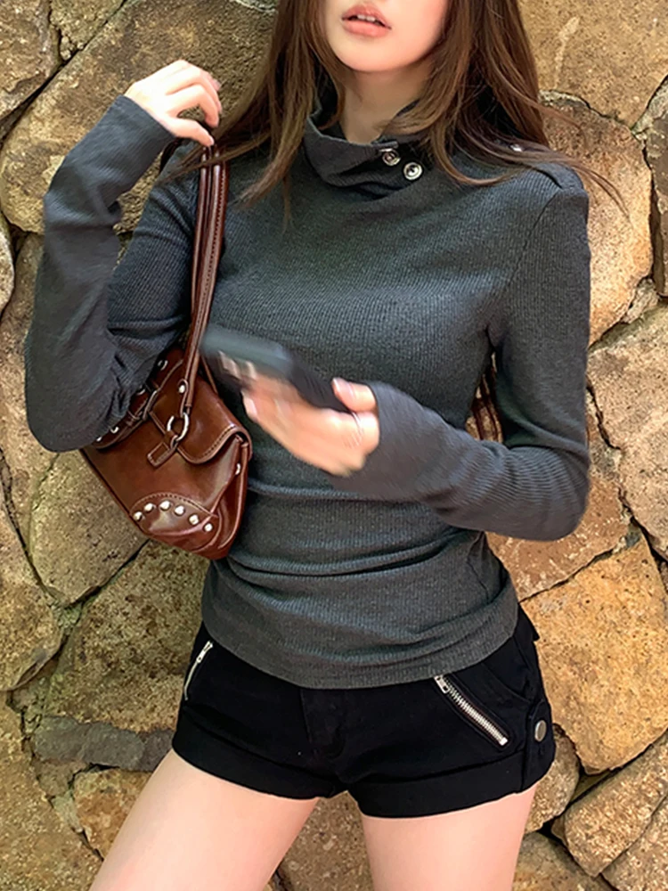 Slim Fit High Collar Long Sleeve Base Shirt Women's Fashion Cool Style Shoulder Strap Design Autumn New Arrival Inner Wear Top