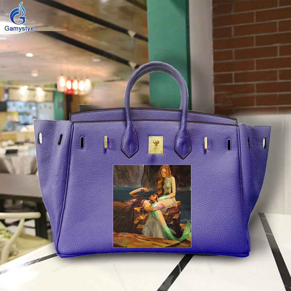 

Art Print Two beautiful ladies Customize Totes Female designer handbags high quality Messenger Shoulder Bag Real Cowskin Leather