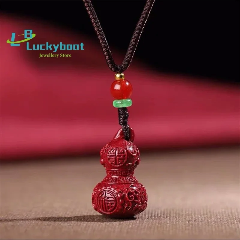 

Fashion Cinnabar Jade Gourd Pendant Necklace Jewellery Chinese Hand-Carved Healing Women Man Luck Gift Sweater Chain