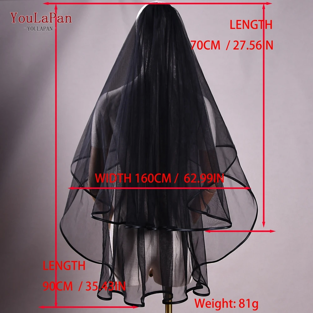 YouLaPan Black Double Wedding Veil With Hair Comb Ribbon Edge Soft Personality Bridal Veil Bachelorette Party Ornament V214