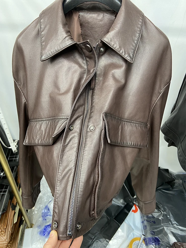 女性春本物のシープスキンレザージャケットファッションクラシックブラックルースリアルレザージャケットコート