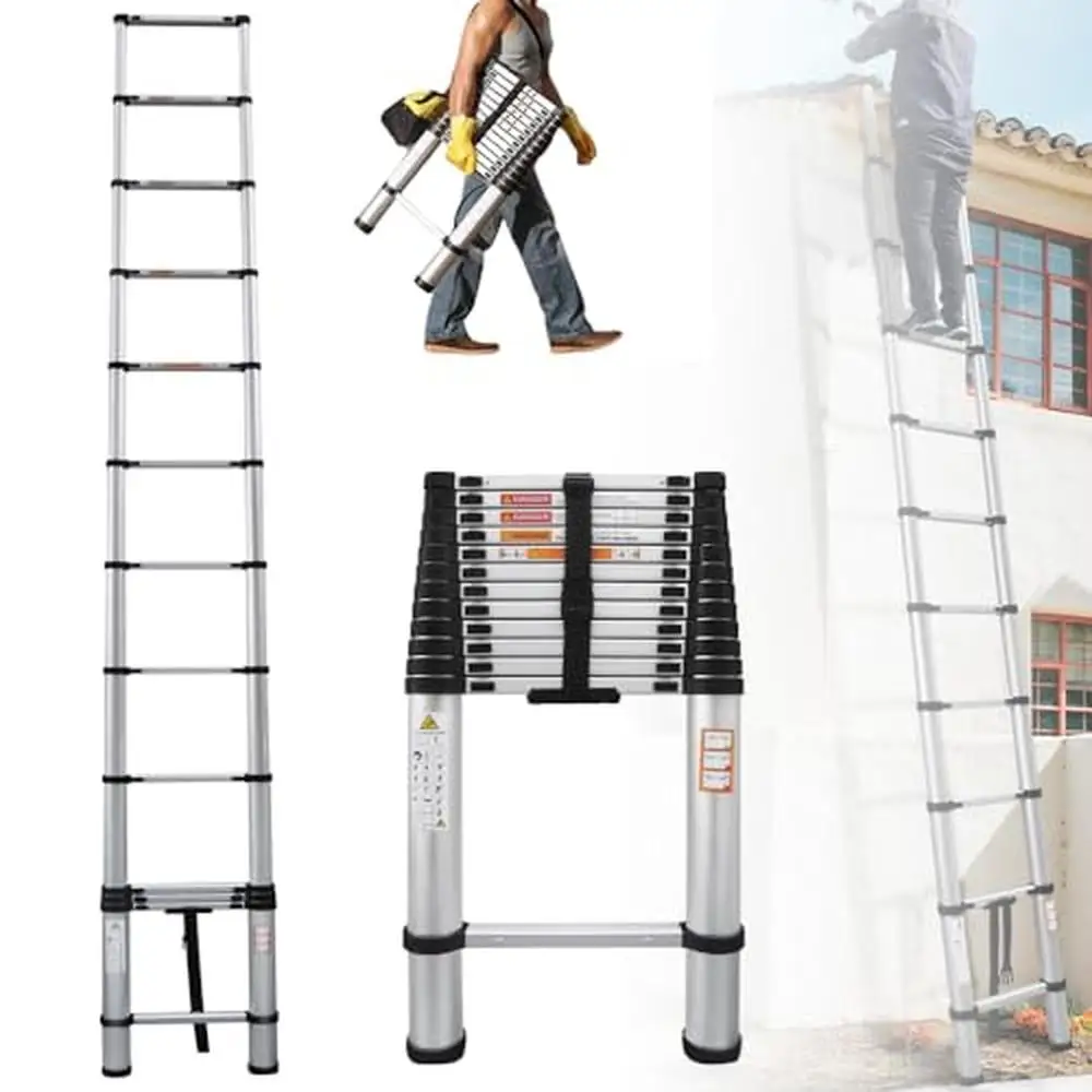 12.5FT Telescoping Ladder Aluminum Lightweight Multi-Purpose Portable Extension Non-Slip 12 Steps 330lb Load Capacity Waterproof