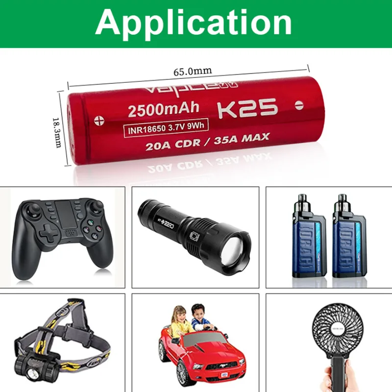 Original Vapcell K25 INR 18650 Battery 2500mAh Capacity CDR 20A Max 35A 3.7V Similar As 25R Batteries Lithium Ion Battery 18650