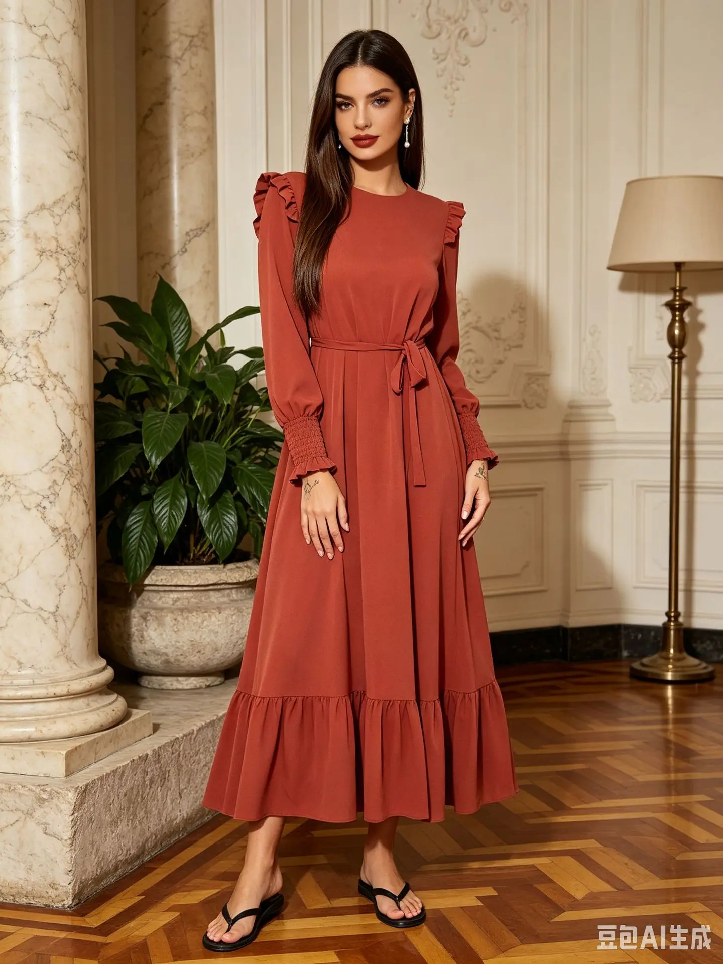 Damen Langarm-Rüschen-Maxikleid mit Gürtel, Lässiges Büro-Party-Swing-Kleid, O-Ausschnitt, Lange Kleider, Herbst-Winter, Vestidos 2027 – Detail 6