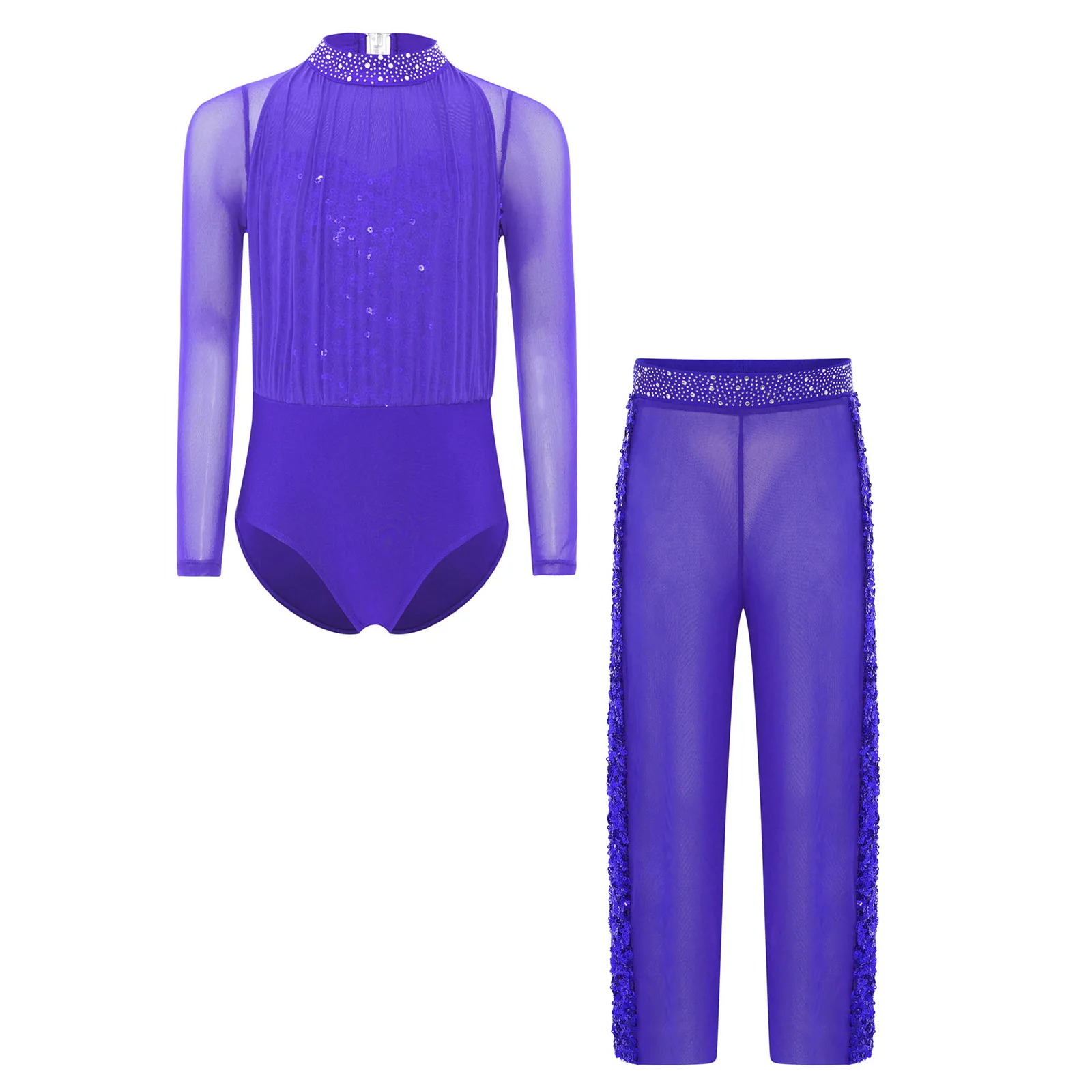 

Elegant Gymnastics Figure Skating Dance Wear Set for Girls Sheer Mesh Sleeves Rhinestone Ballet Jazz Leotard with Wide-Leg Pants