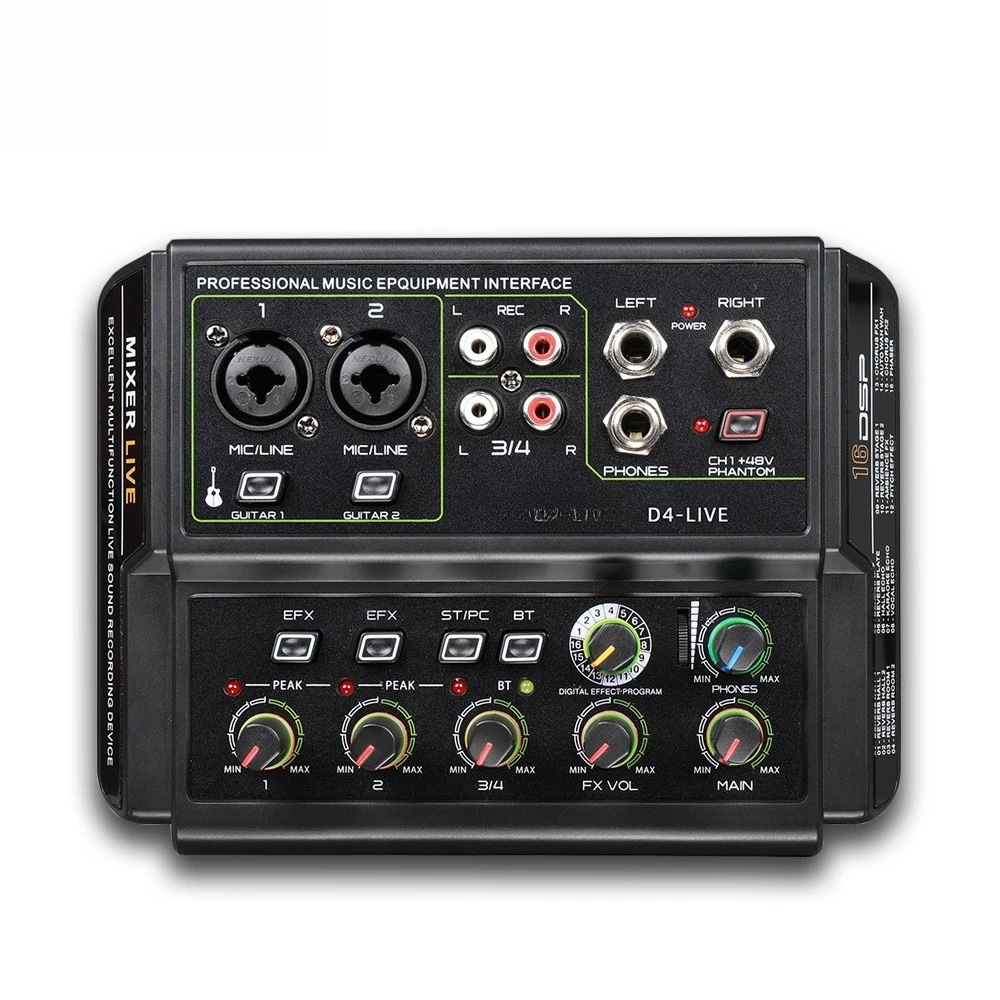 

4-Way mixer, outdoor conference audio, USB Bluetooth reverb audio processor, Karaoke mobile phone live broadcast with sound card