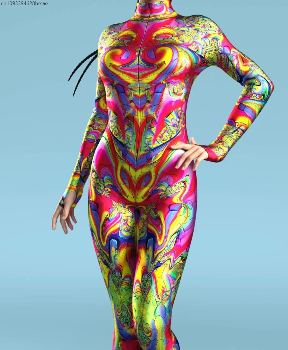 

2025 Colorful 3D Print Women Carnival Sexy Skinny Slim Jumpsuit Party Cosplay Costumes Performance Zentai Bodysuit Halloween