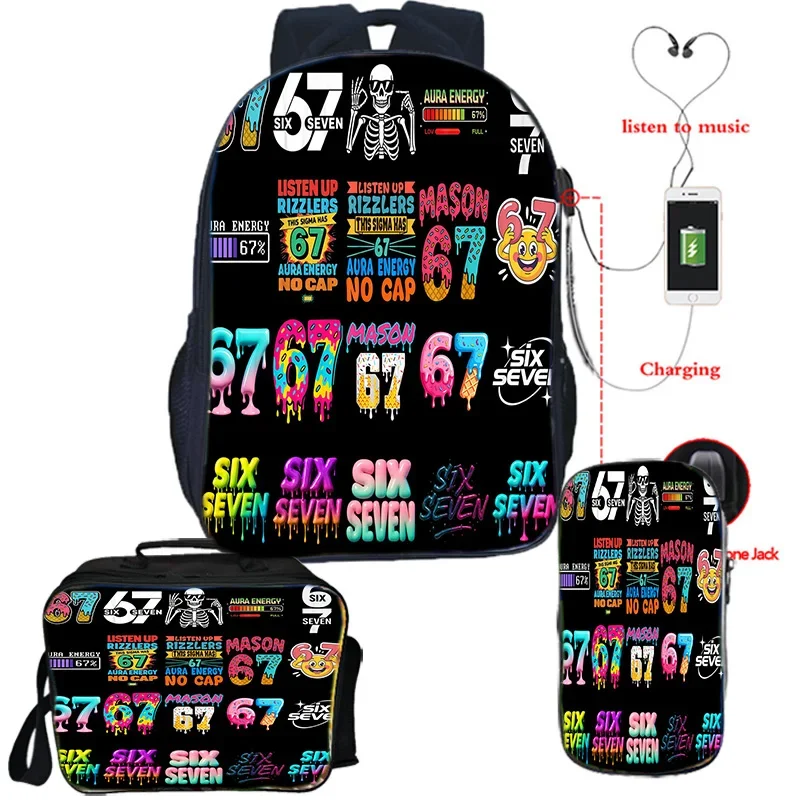 67 Six Seven Italian Brain Cartoon USB Charging Backpacks Lunch Bag Pencial Case 3pcs 67 Six Seven Nember DIY Fun Game Backpack