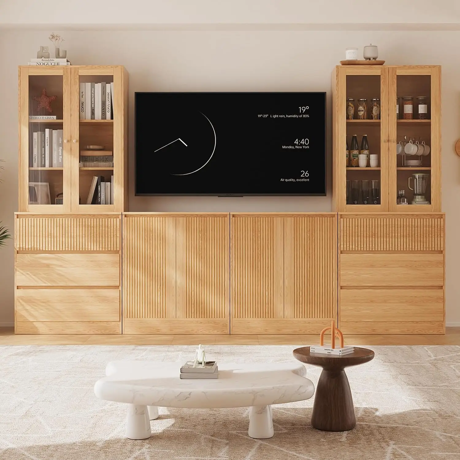 Large TV Stand Bookshelves 75" TV, Glass Doors Shelves Entertainment Center 2 Cabinets Living Room, Customized - view 3
