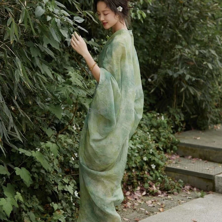 Elegant Chinese style Hanfu Dress Tie-dye Effect Green Printed Loose Robe With undear dress Fairy Women Summer Daily Dress Set view 6