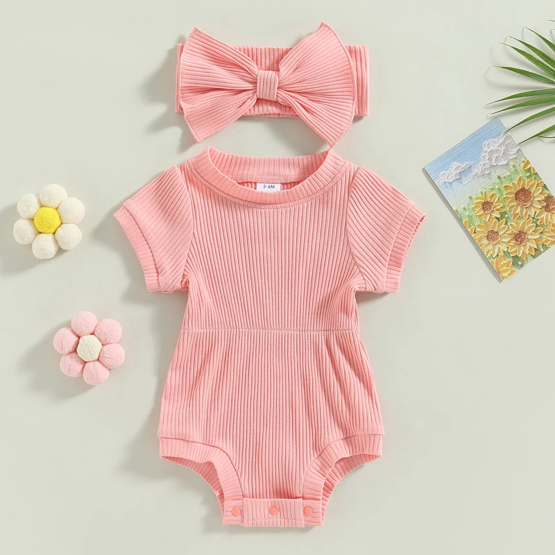 Baby Girls Jumpsuit Set Solid Color Ribbed Short Sleeve Romper with Bow Headband Summer Outfits