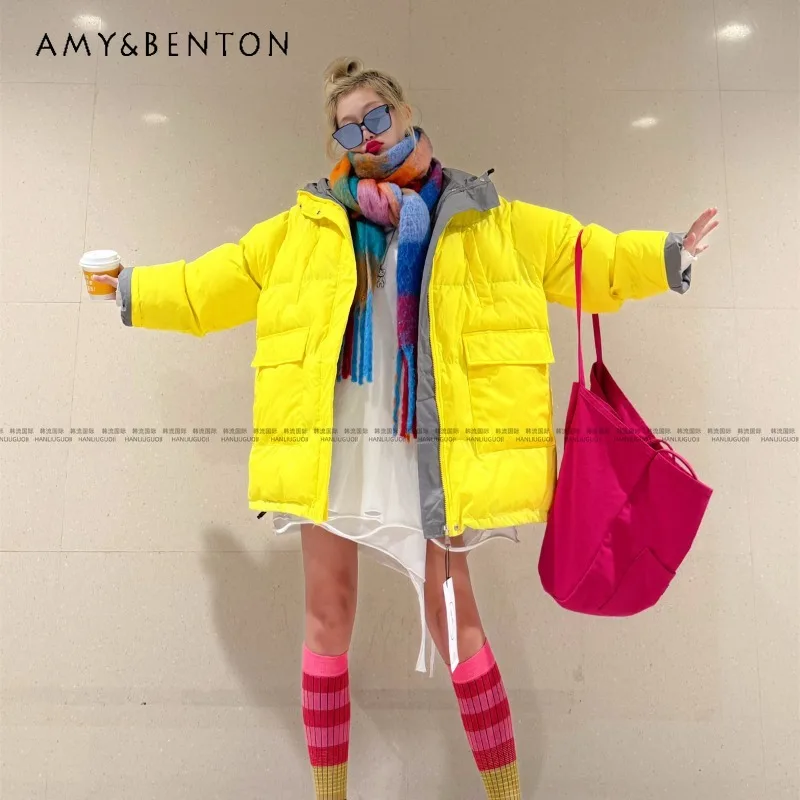 Autumn Winter New Cotton Clothes Big Pockets Cute Cotton Clothes Warm Jacket Fashion Color Matching Versatile Bright Top Parkas