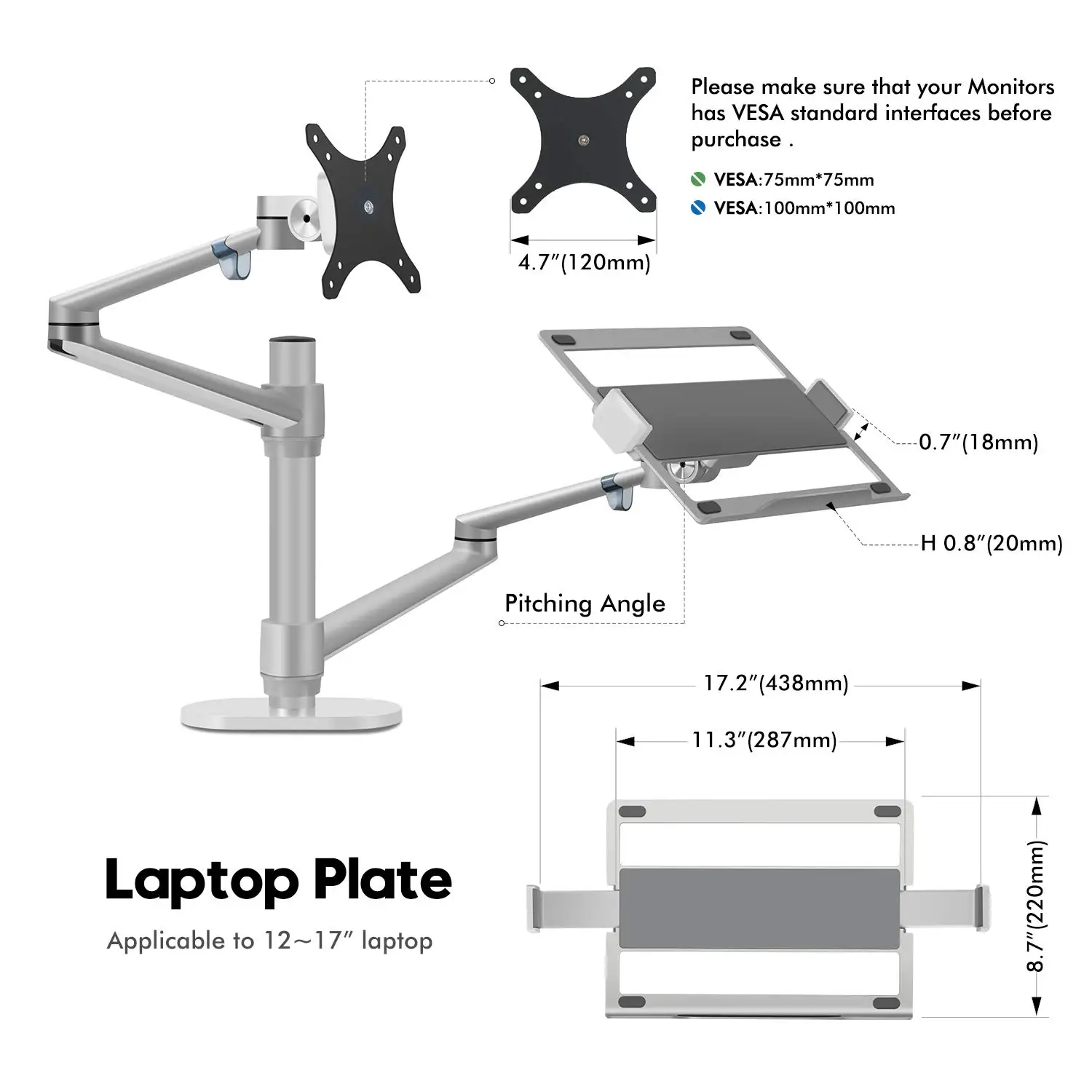 2025 11-17 inch Laptop & 17-32'' Monitor Riser Arm Adjustable Desktop LCD Screen Laptop and Monitor VESA Dual Arm Mount Stand