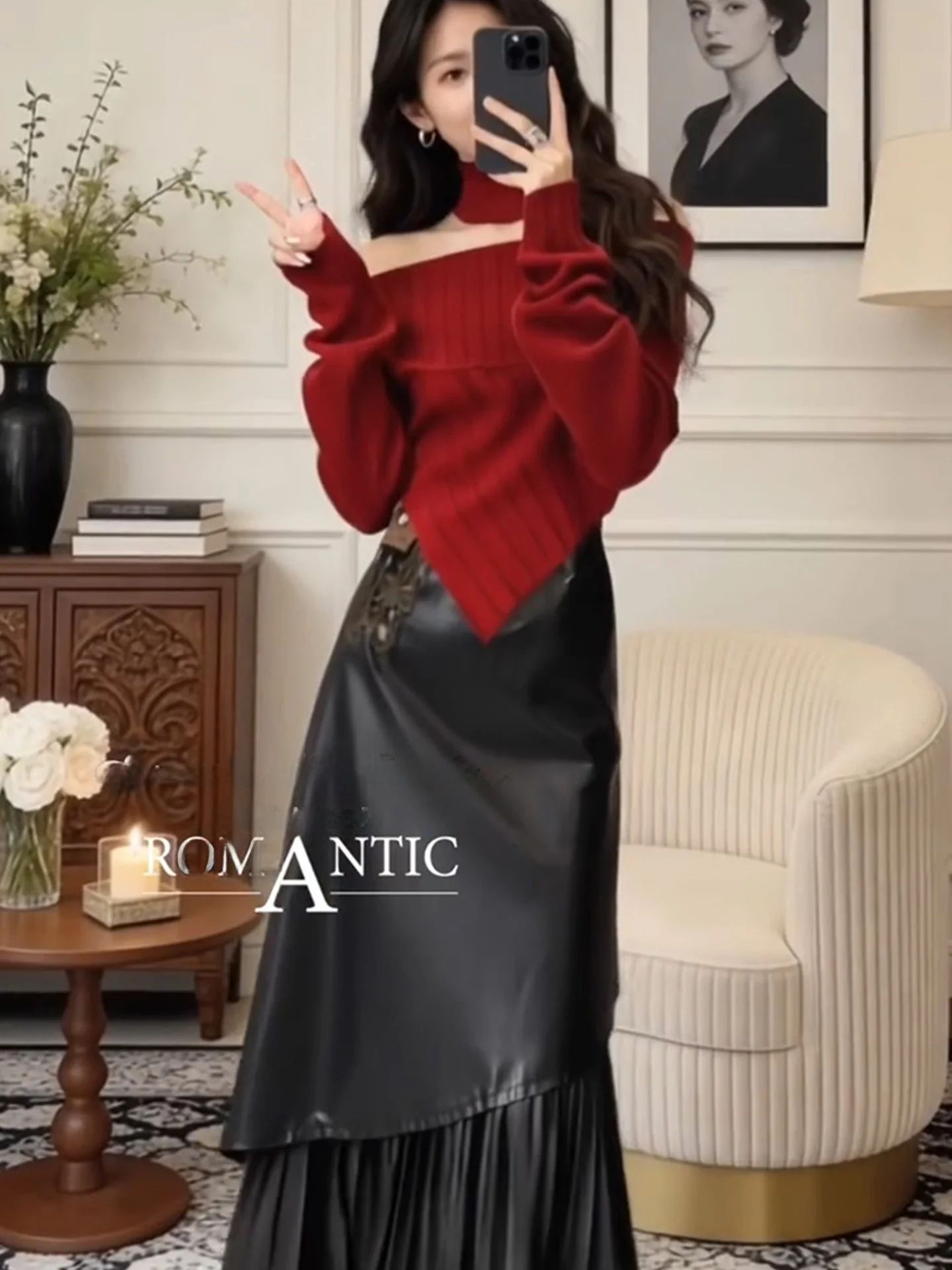 

Ele Korean Sle Women's Faion Set ort Fit oulder Bared Top High Waist Skirt Spring Season Warm Long Sve