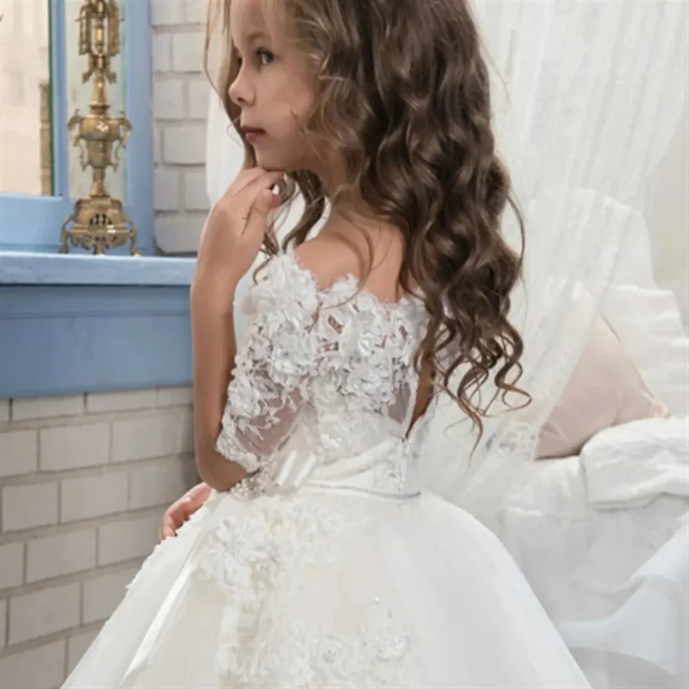 NEW First Communion Dresses Half-sleeved Lace Printed Princess Dress White Angel Flower Girl Bridesmaid Wedding Dream Kids Gift