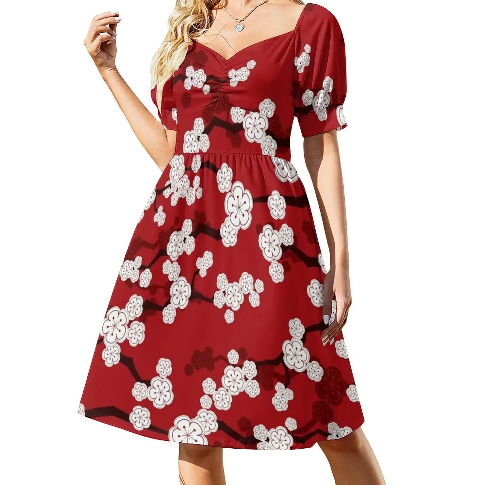 

White Oriental Cherry Blossoms On Red Zen Japanese Sakura Flowers  fatfatin Short-Sleeved Dress