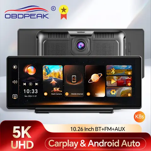 K8s 10.26 인치 자동차 DVR 5K 대시 캠 듀얼 렌즈 무선 Carplay 및 안드로이드 자동 비디오 레코더 모니터 GPS 네비게이션 5G Wifi FM