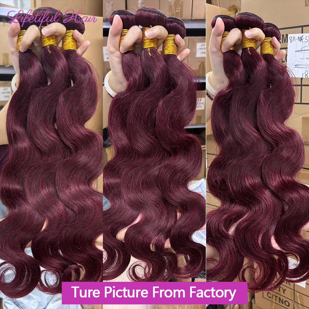 99j Burgundy Human Hair Bundles 100% Human Hair 22 24 26 Inch Body Wave Raw Hair Bundles Soft 3 Pcs Colored Brazilian Extensions