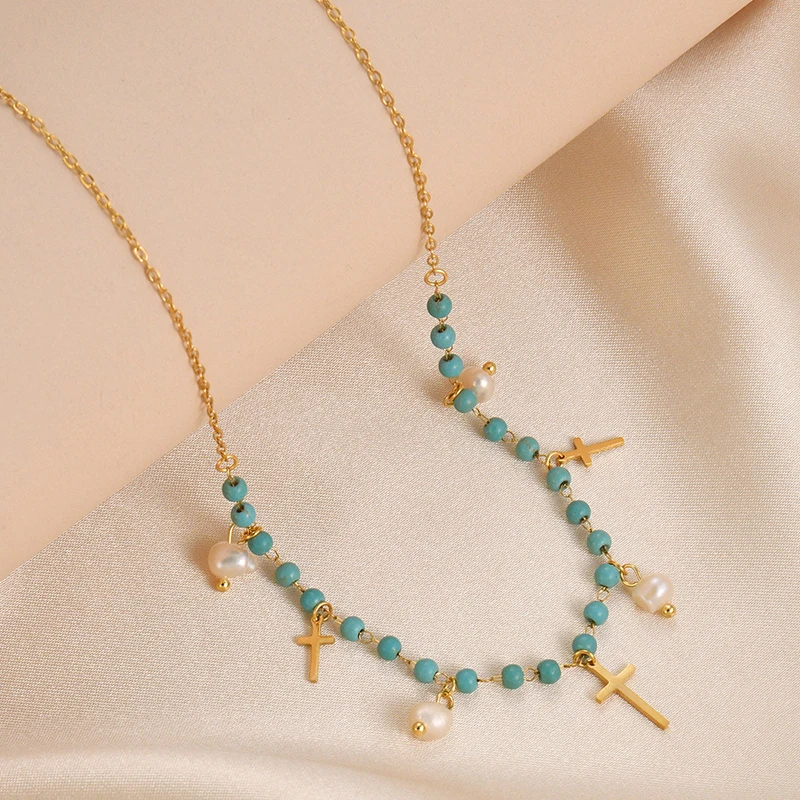 

Bohemian Blue Turquoise Beads Necklace For Women Pearl Cross Charms Gold Plated Stainless Steel Chain Jewelry Christmas Gifts