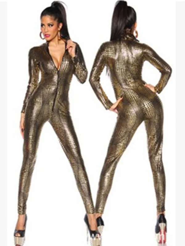 

Bronzed Front Open Jumpsuit Waist Cinched Long Pants Street Sle Polyester Fiber Straight Leg Zipper l Waist Long Trou...