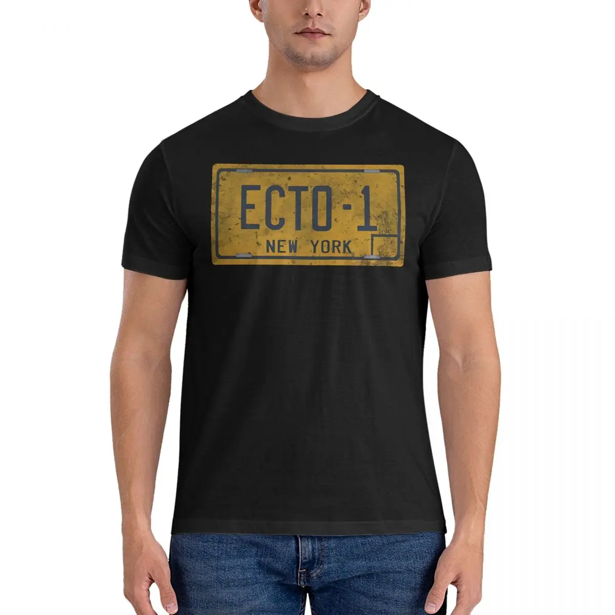 Ecto-1 License Plate - Dirty T Shirts Men's Pure Cotton Novelty T-Shirts O Neck G-Ghostbusters Tees Short Sleeve Tops Graphic