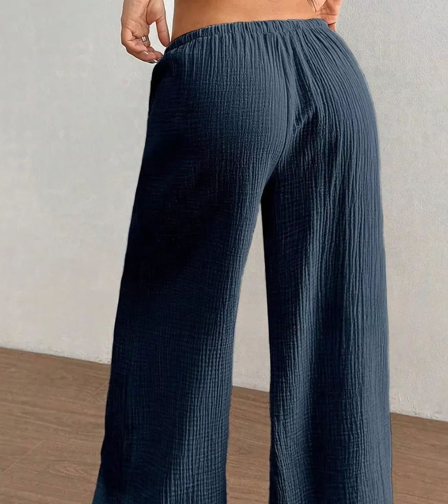 Women's Cotton Linen Pants Casual Loose Solid Elastic Waist Pocket Straight Trousers Ladies Oversize Wide Leg Pant Streetwear