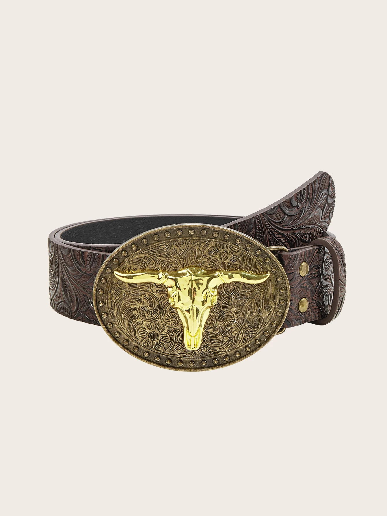 1pc Women Western Longhorn Belt Brown PU Leather Embossed Waist Belt With Gold Bull Skull Buckle For Jeans Dress