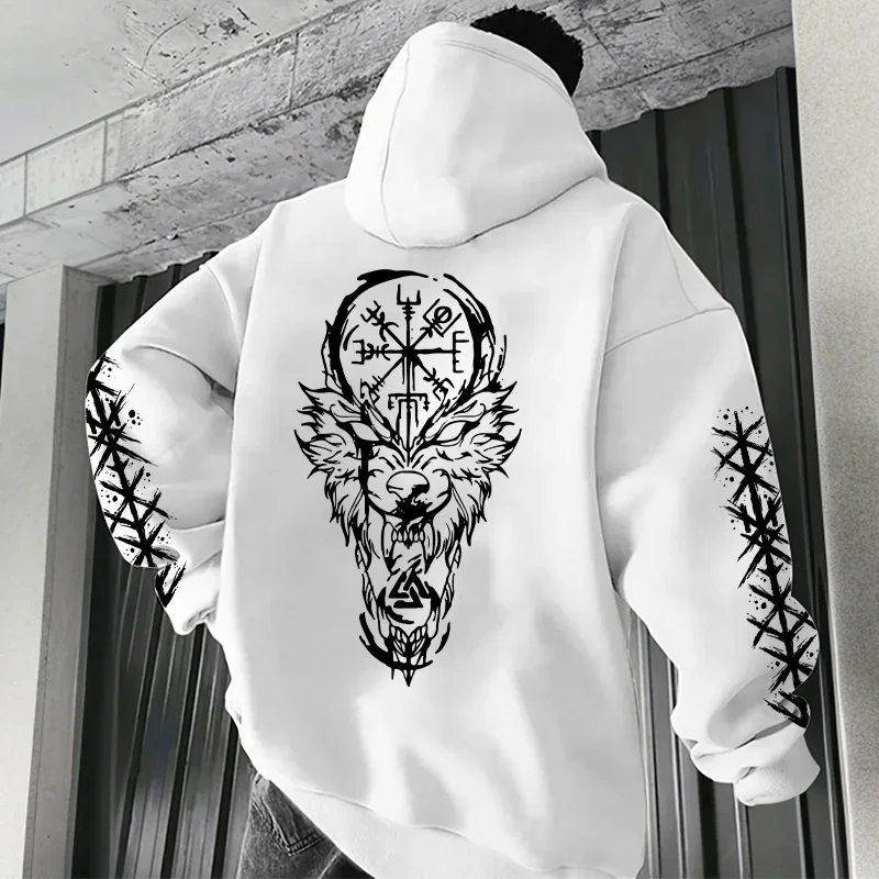 Mythical Street Male Hooded Sweatshirt - Brutal Wolf Head and Mystical Rune Compass Print - Comfortable Casual Hooded Shirt